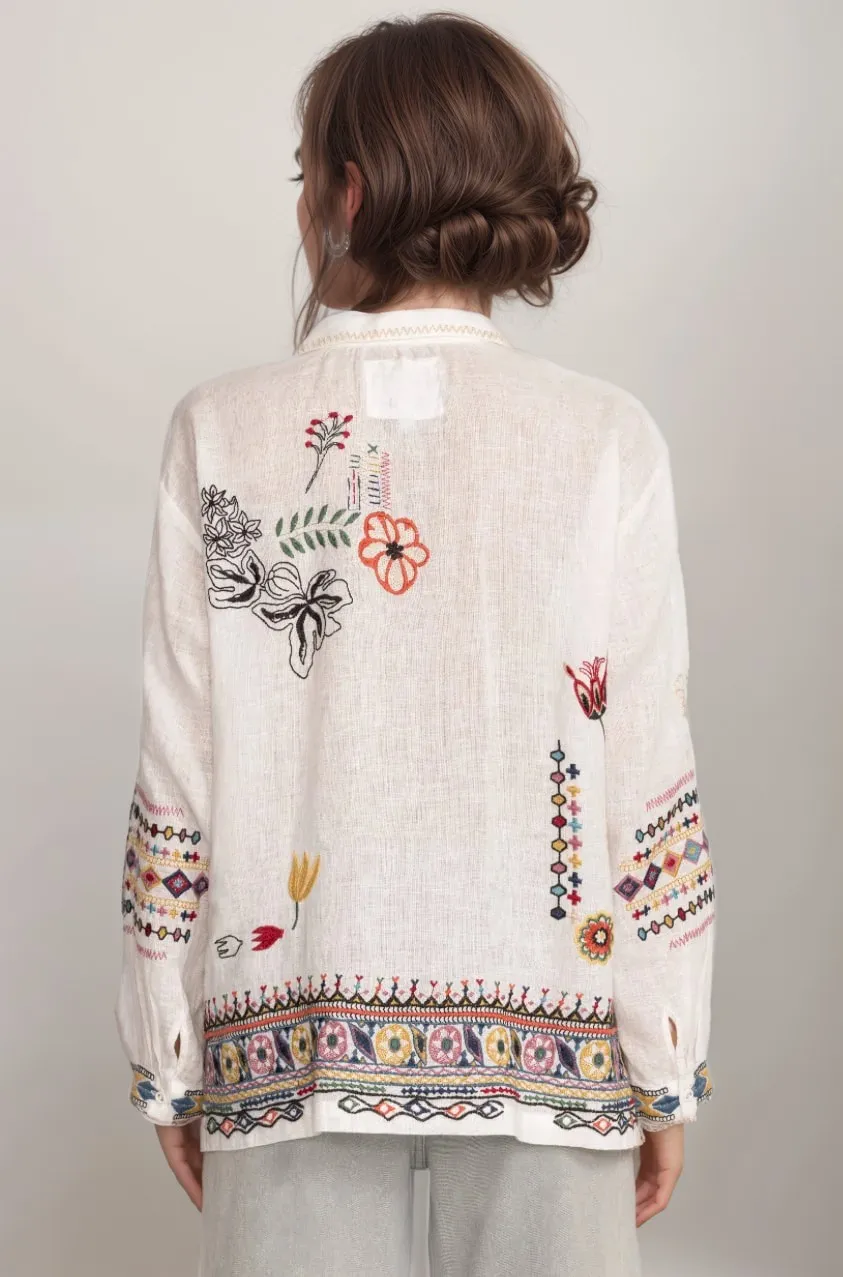 Johnny Was Biya Simmie Linen Embroidered Blouse B13424 *