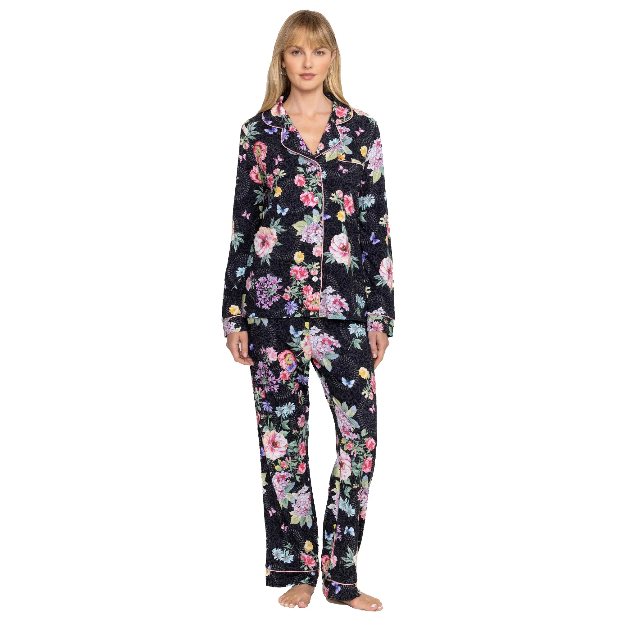 Johnny Was Carly Saint Ophelia PJ Set Floral Home Lounge Sleep Wear Black 2 pc NEW