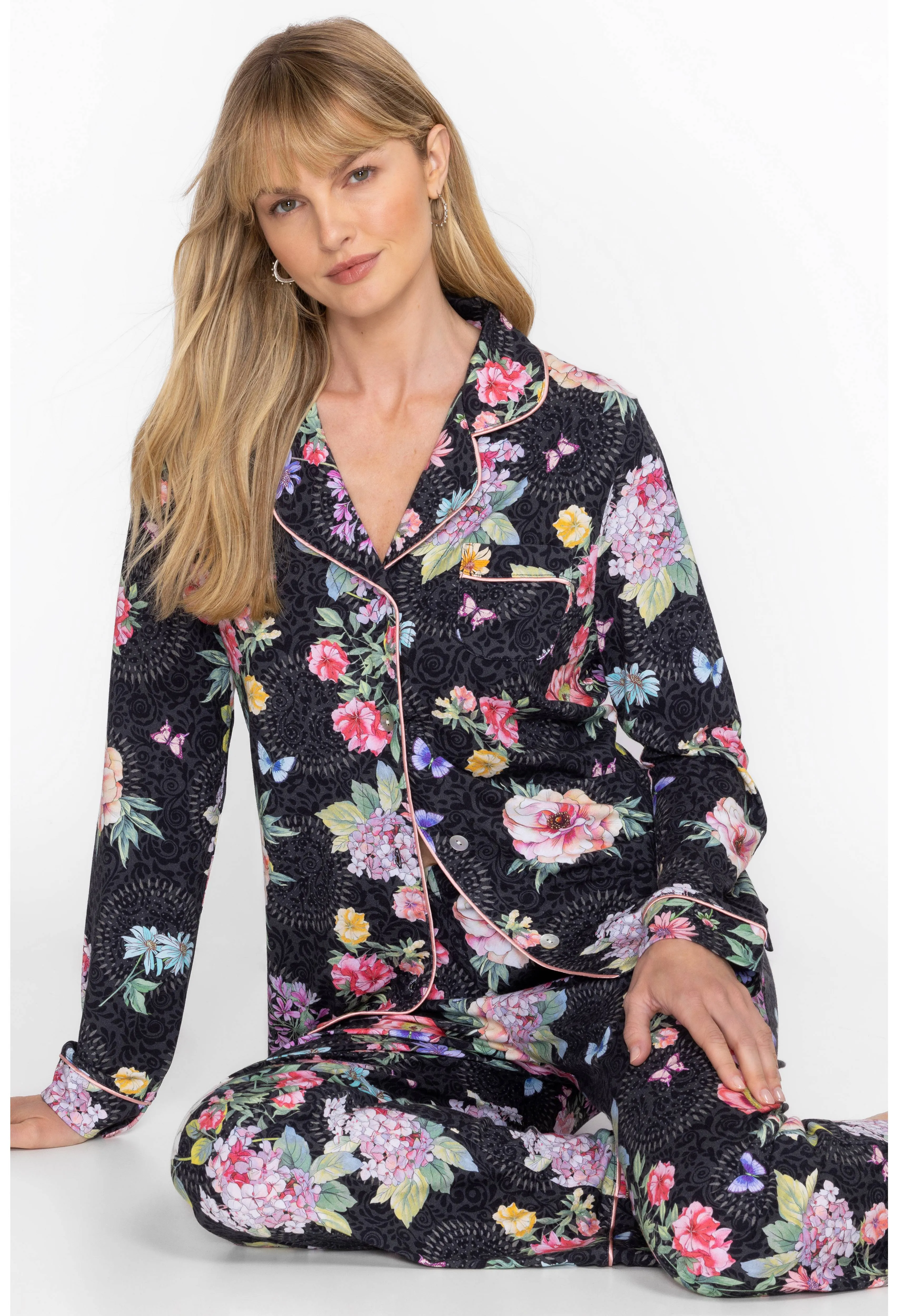 Johnny Was Carly Saint Ophelia PJ Set Floral Home Lounge Sleep Wear Black 2 pc NEW