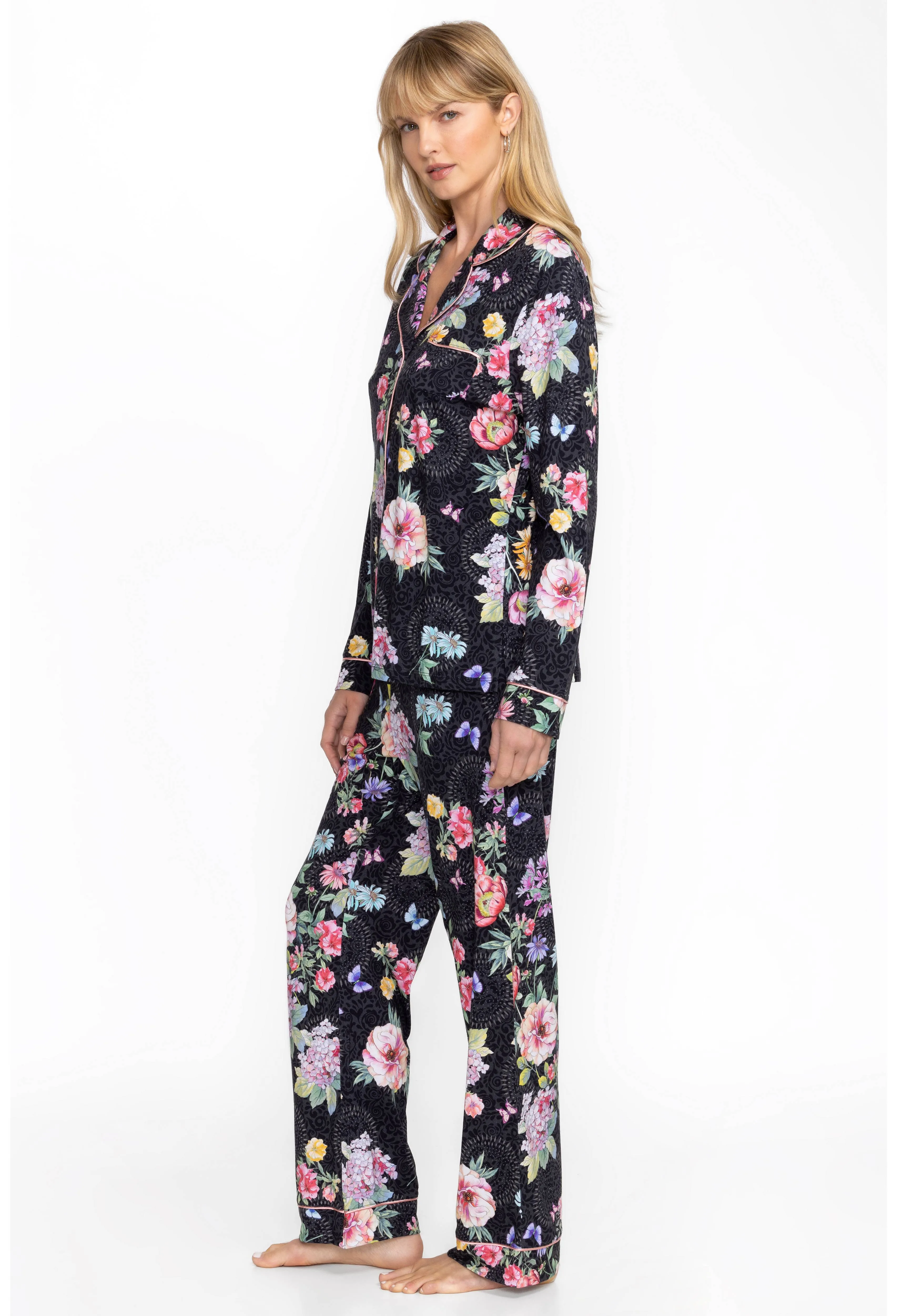 Johnny Was Carly Saint Ophelia PJ Set Floral Home Lounge Sleep Wear Black 2 pc NEW