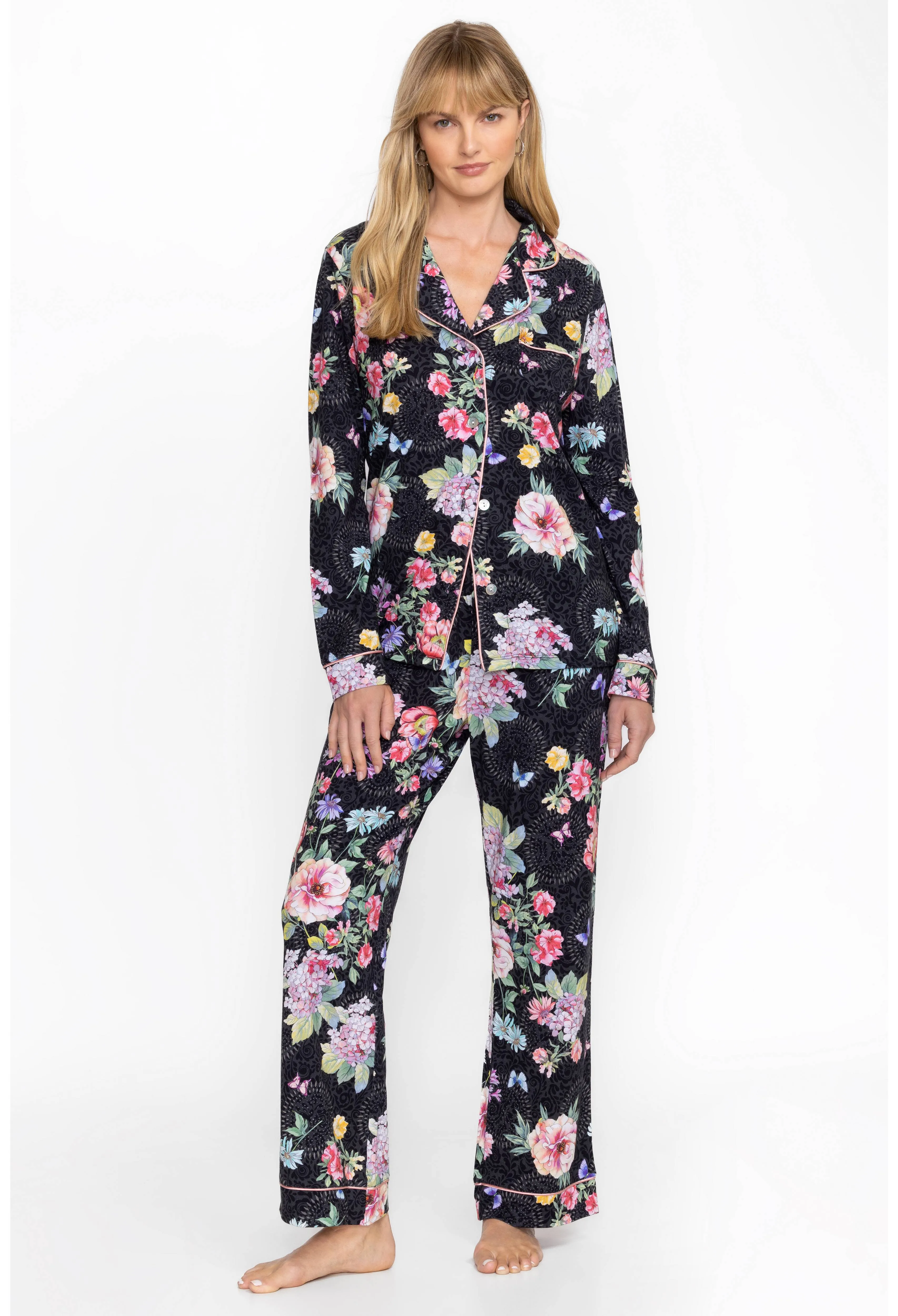 Johnny Was Carly Saint Ophelia PJ Set Floral Home Lounge Sleep Wear Black 2 pc NEW
