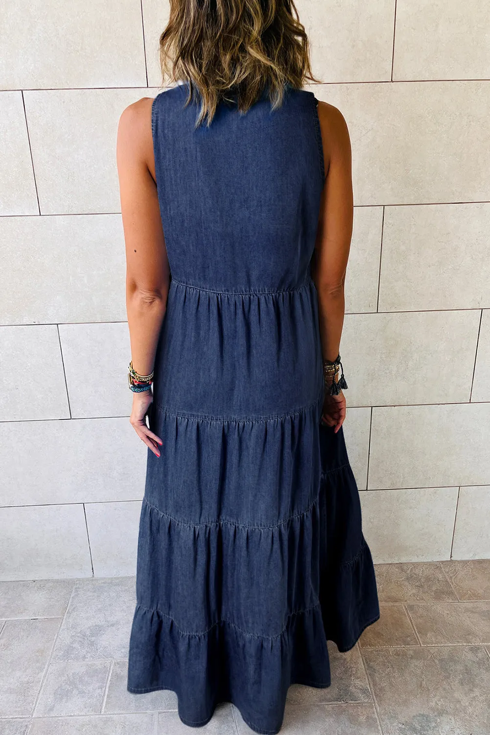 KaleaBoutique Sleeveless Tiered Chambray Maxi Dress