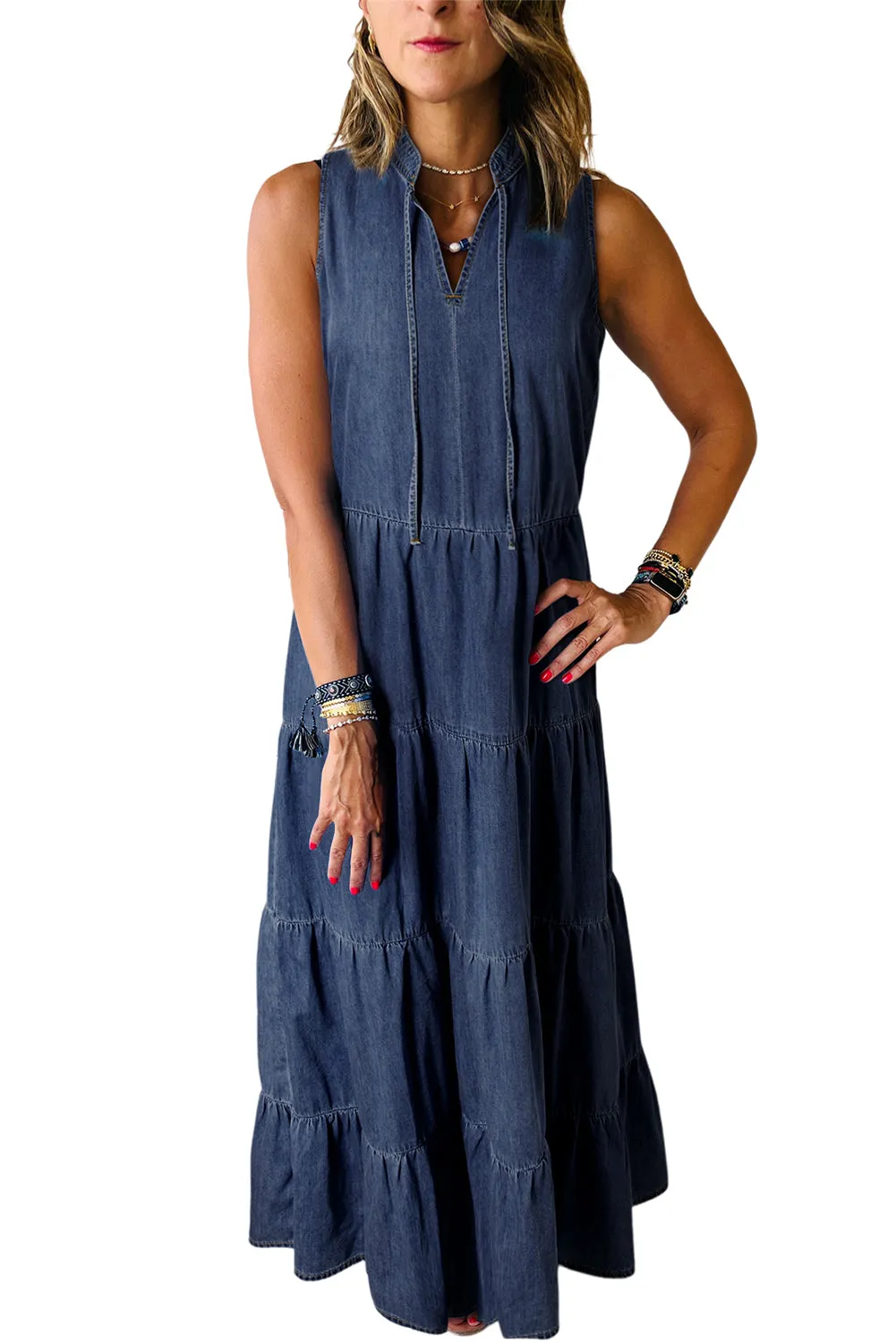 KaleaBoutique Sleeveless Tiered Chambray Maxi Dress