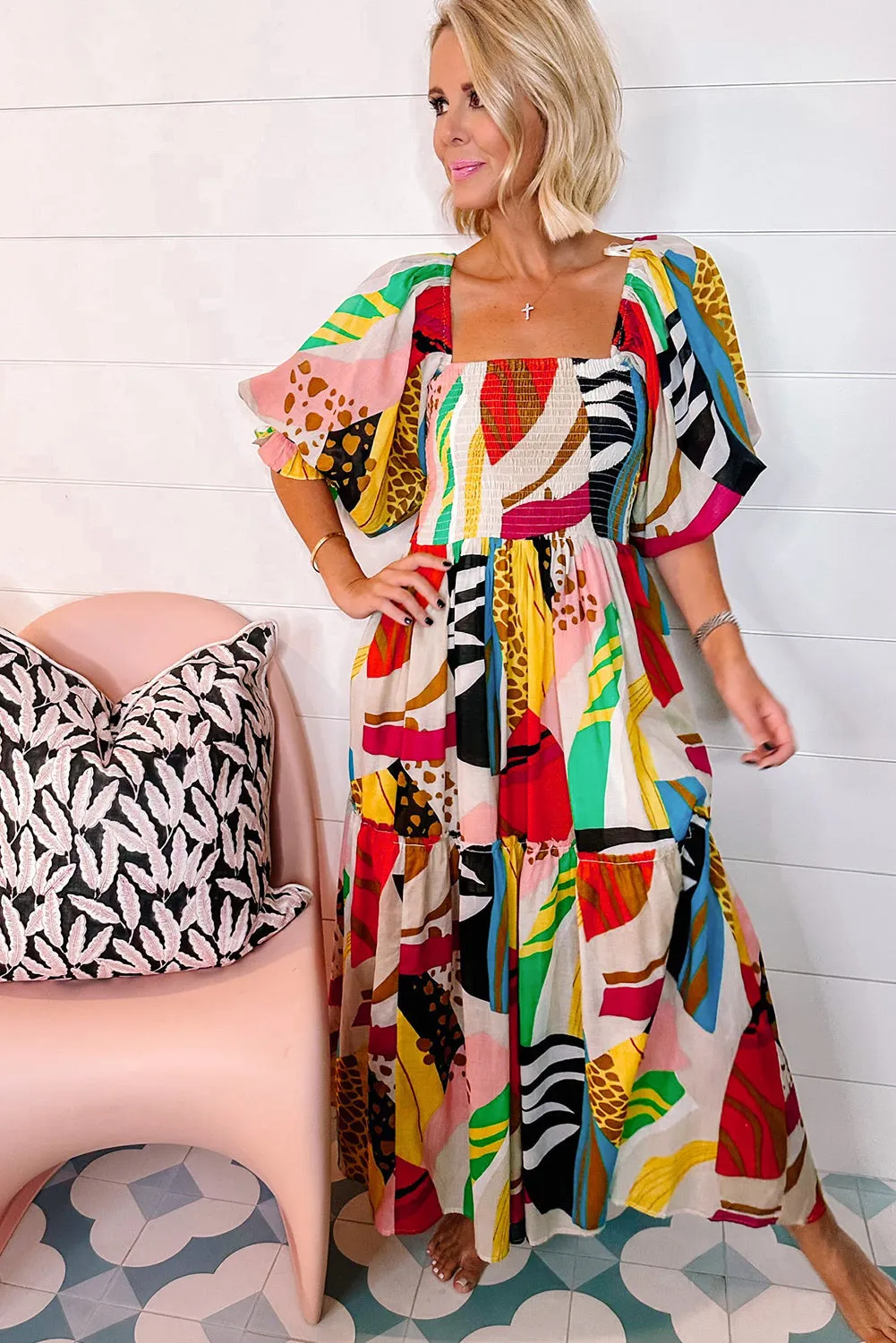KaleaBoutique Square Neck Smocked Abstract Print Boho Maxi Dress