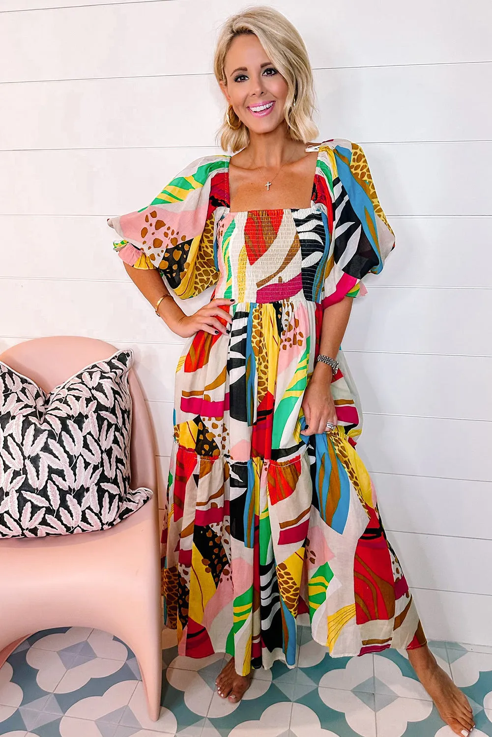 KaleaBoutique Square Neck Smocked Abstract Print Boho Maxi Dress