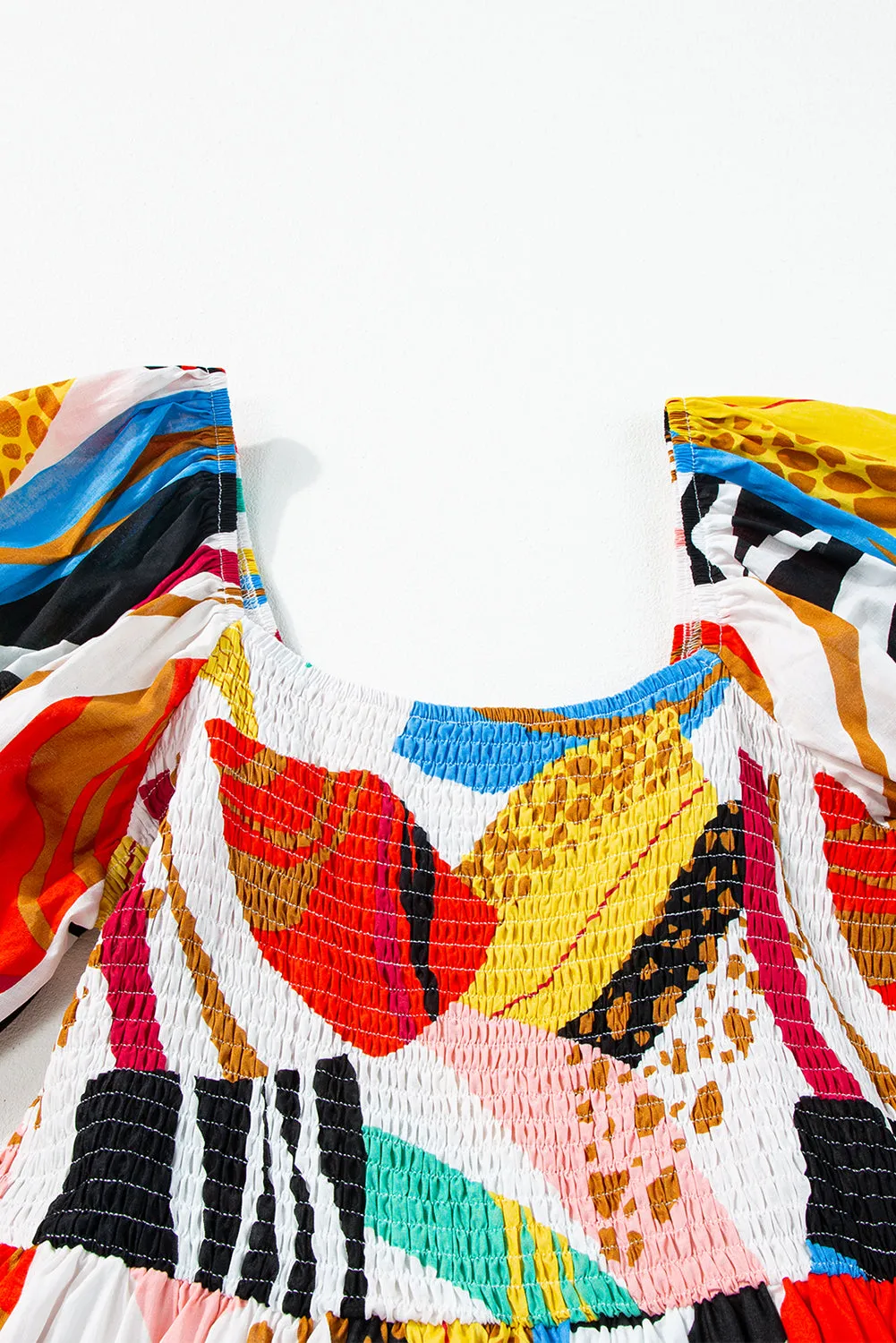 KaleaBoutique Square Neck Smocked Abstract Print Boho Maxi Dress