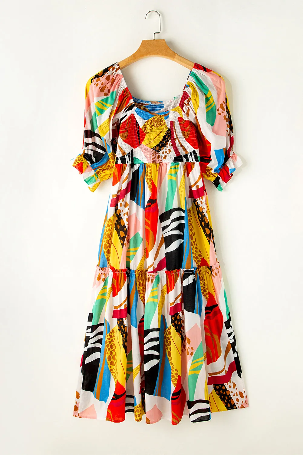 KaleaBoutique Square Neck Smocked Abstract Print Boho Maxi Dress