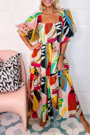 KaleaBoutique Square Neck Smocked Abstract Print Boho Maxi Dress