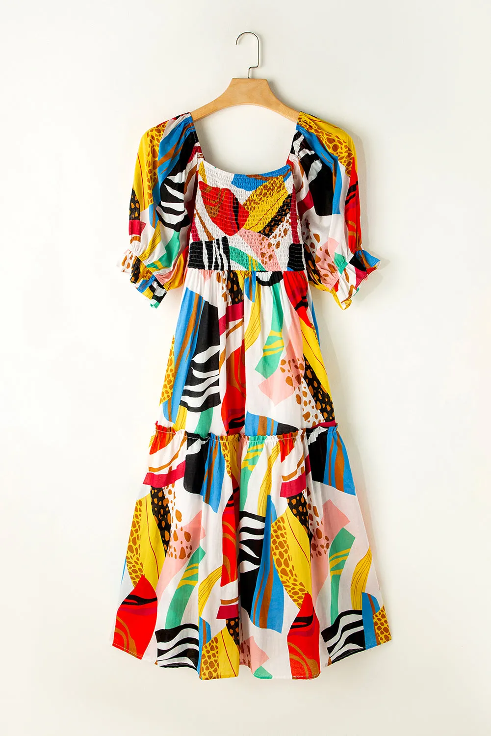 KaleaBoutique Square Neck Smocked Abstract Print Boho Maxi Dress