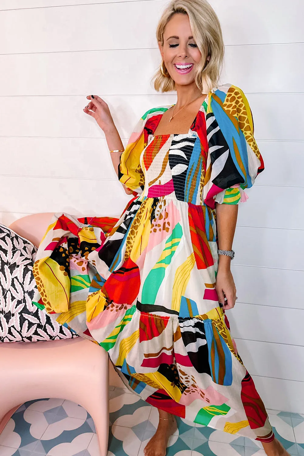 KaleaBoutique Square Neck Smocked Abstract Print Boho Maxi Dress