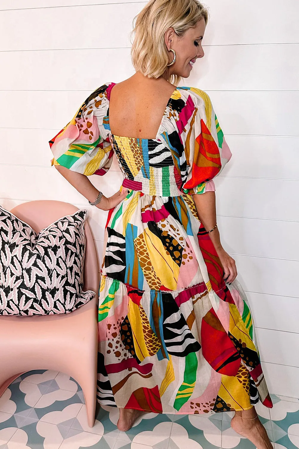 KaleaBoutique Square Neck Smocked Abstract Print Boho Maxi Dress