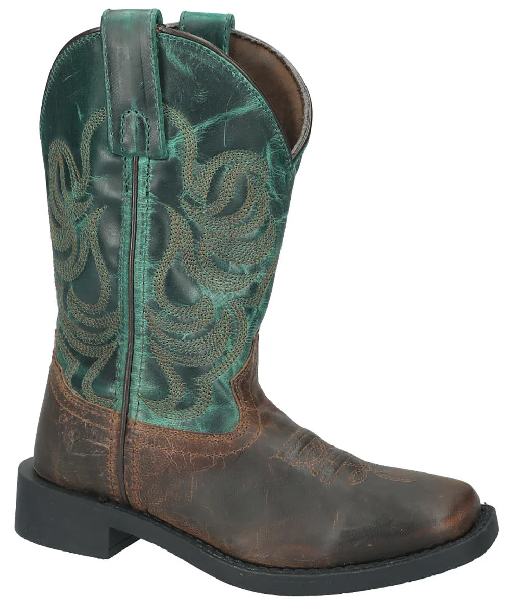 Kids Smoky Mountain Boots Distressed Brown Square Toe Boots with Dark Green Tops