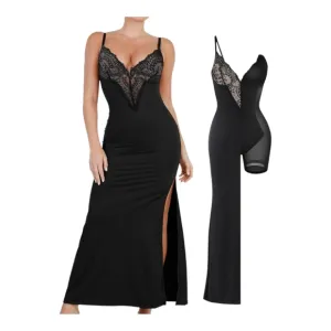 Lace Deep V Neck Dress Shapewear Slip Split Bodycon Cocktail Maxi