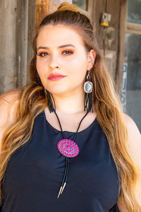 Ladies Concho Bolo Necklace In 3 Colors, Turquoise, Fuchsia, & Mustard