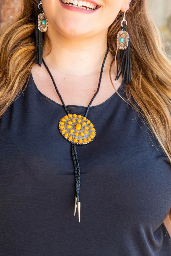 Ladies Concho Bolo Necklace In 3 Colors, Turquoise, Fuchsia, & Mustard