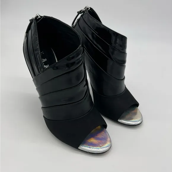 L.A.M.B Black Leather Peeptoe Booties Silver Stiletto Heels Size 6.5