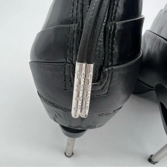 L.A.M.B Black Leather Peeptoe Booties Silver Stiletto Heels Size 6.5