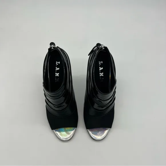 L.A.M.B Black Leather Peeptoe Booties Silver Stiletto Heels Size 6.5