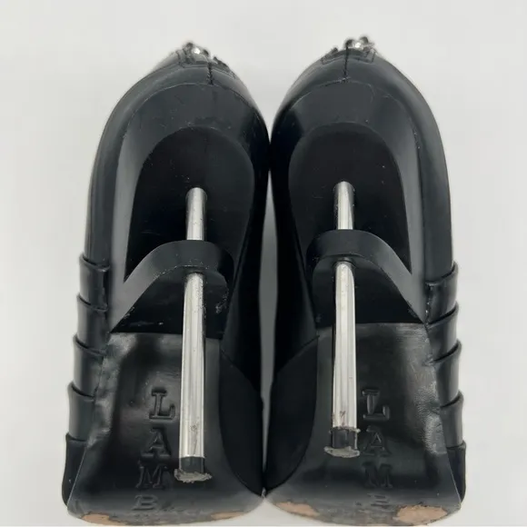 L.A.M.B Black Leather Peeptoe Booties Silver Stiletto Heels Size 6.5