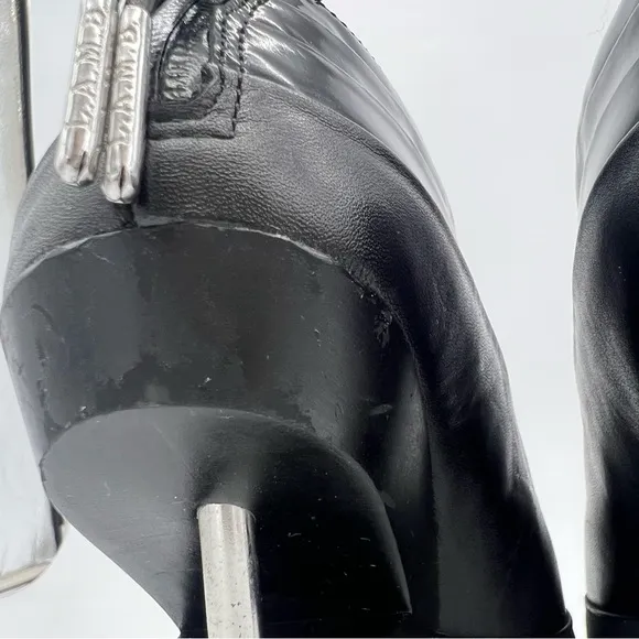 L.A.M.B Black Leather Peeptoe Booties Silver Stiletto Heels Size 6.5