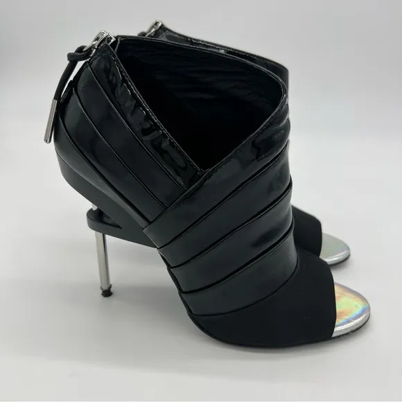 L.A.M.B Black Leather Peeptoe Booties Silver Stiletto Heels Size 6.5