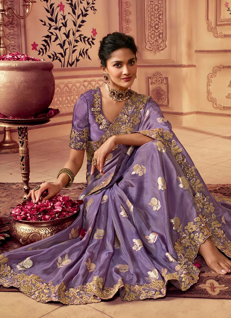 Lavender Golden Sequence Embroidered Wedding Saree