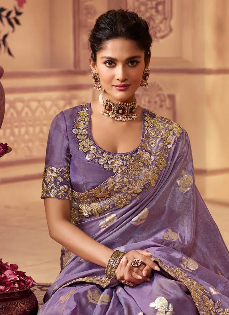 Lavender Golden Sequence Embroidered Wedding Saree