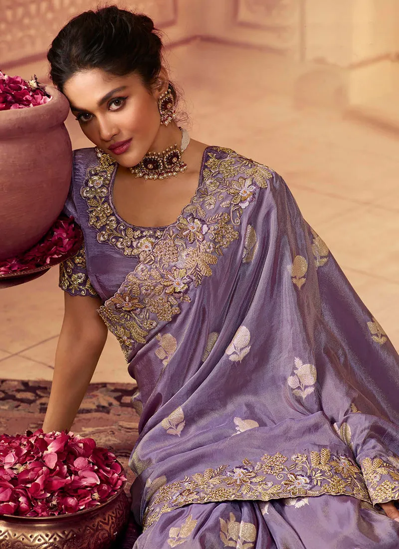 Lavender Golden Sequence Embroidered Wedding Saree