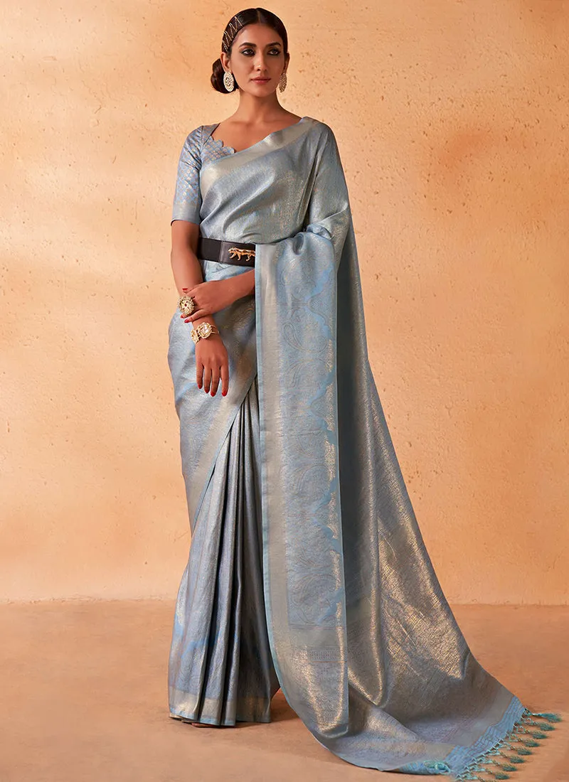 Light Blue Brocade Detailed Kanjivaram Silk Saree