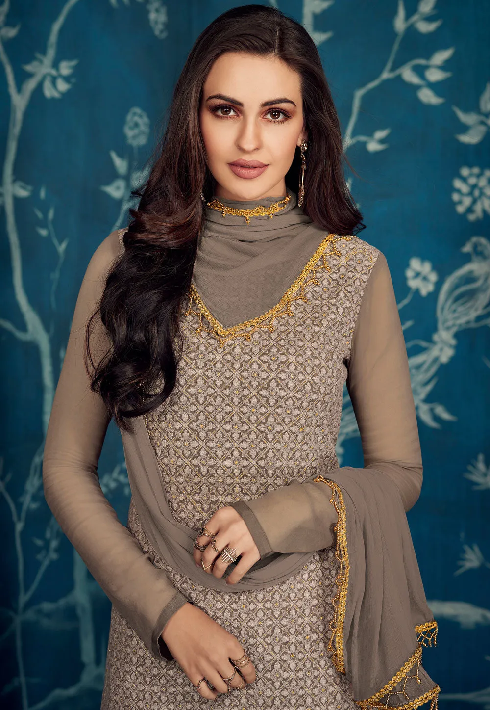 Light Brown Embroidered Palazzo Pant Suit