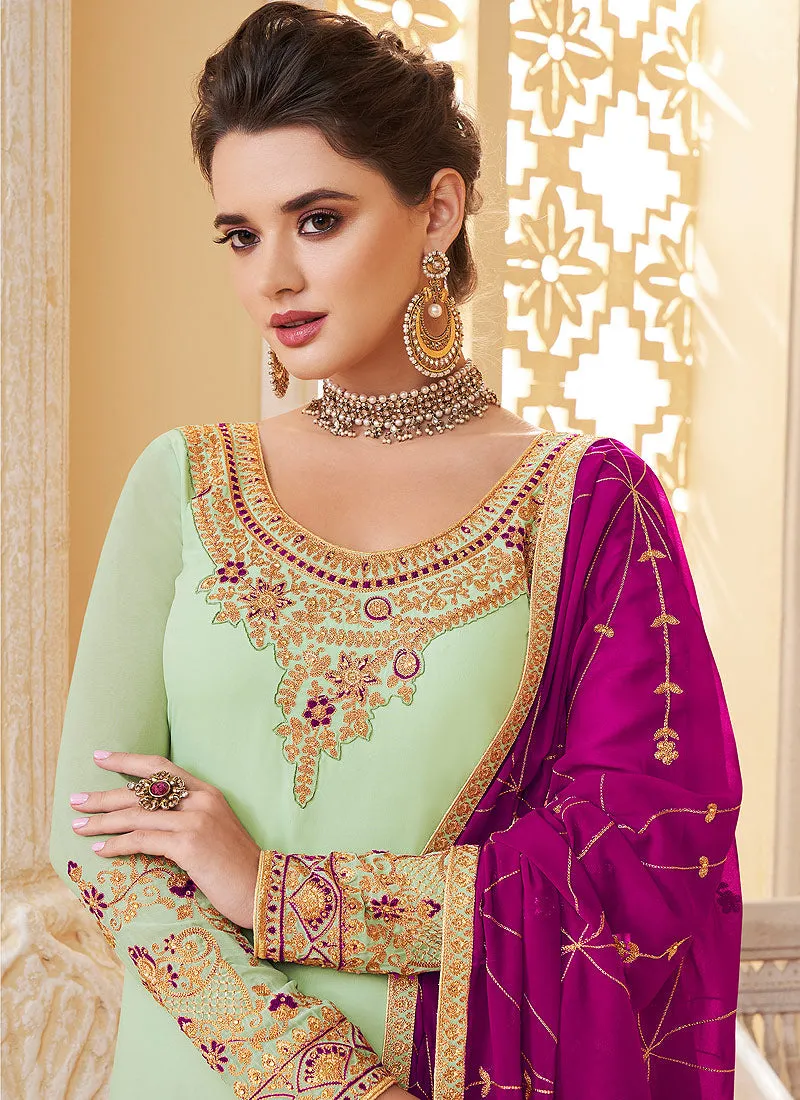 Light Green And Pink Embroidered Palazzo Suit
