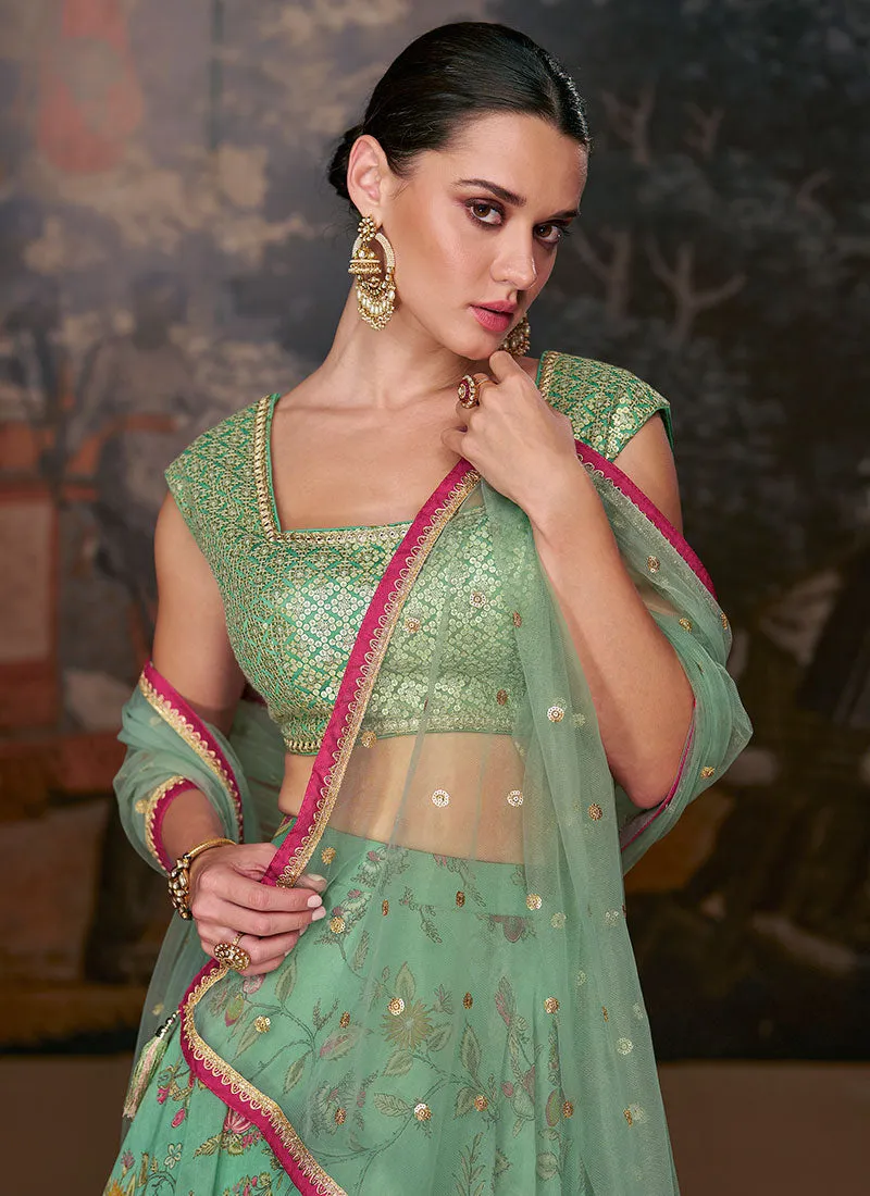 Light Green Golden Printed Lehenga Choli With Designer Blouse