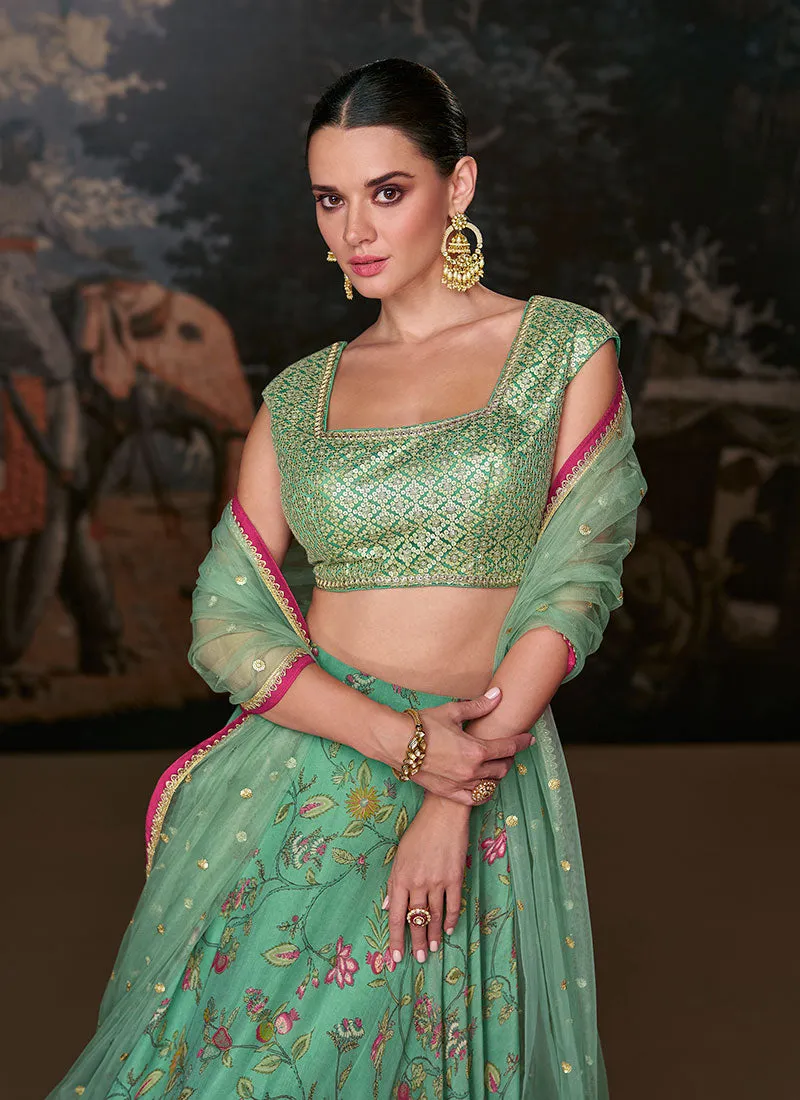 Light Green Golden Printed Lehenga Choli With Designer Blouse