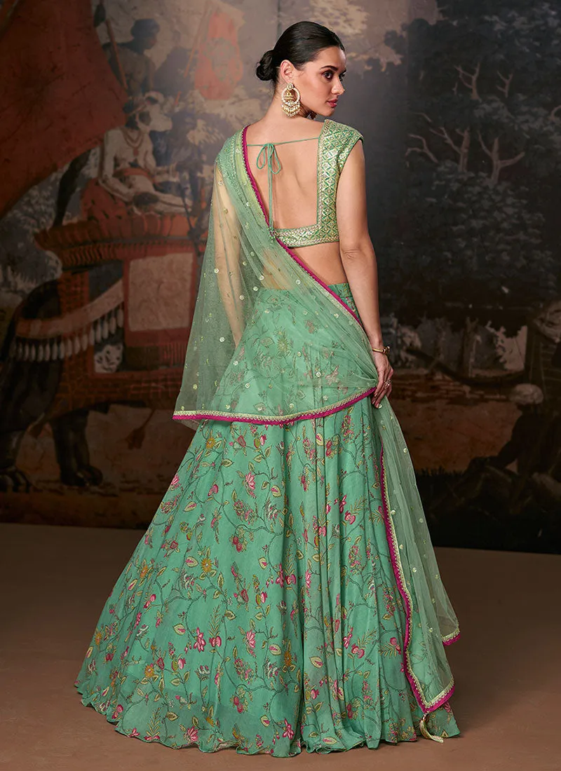 Light Green Golden Printed Lehenga Choli With Designer Blouse