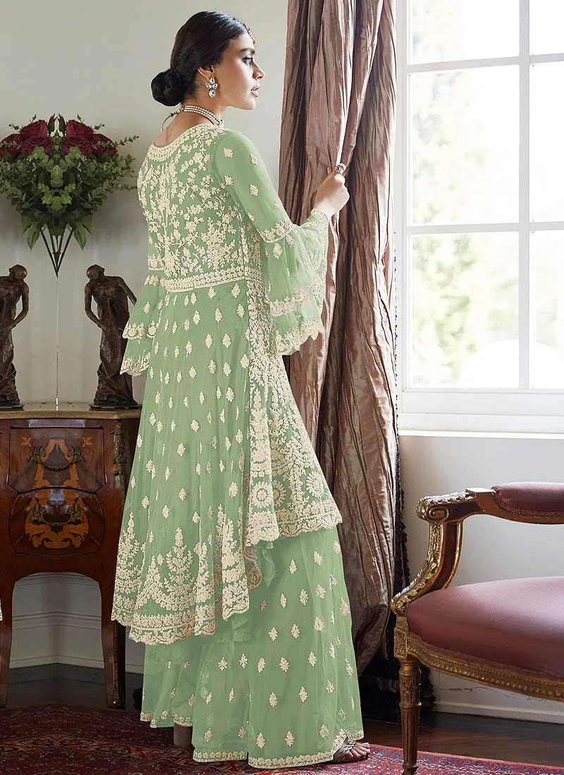 Light Green Multi Embroidered Designer Sharara Suit