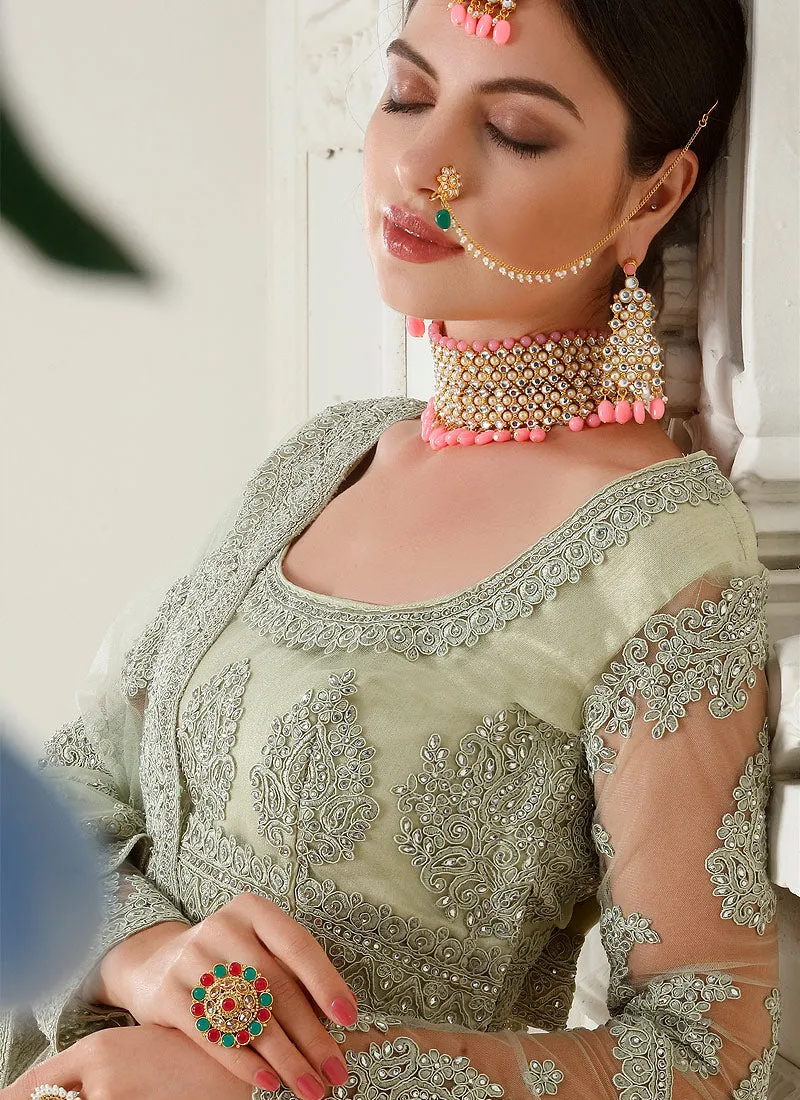 Light Green Pearl Embroidered Wedding Lehenga Choli
