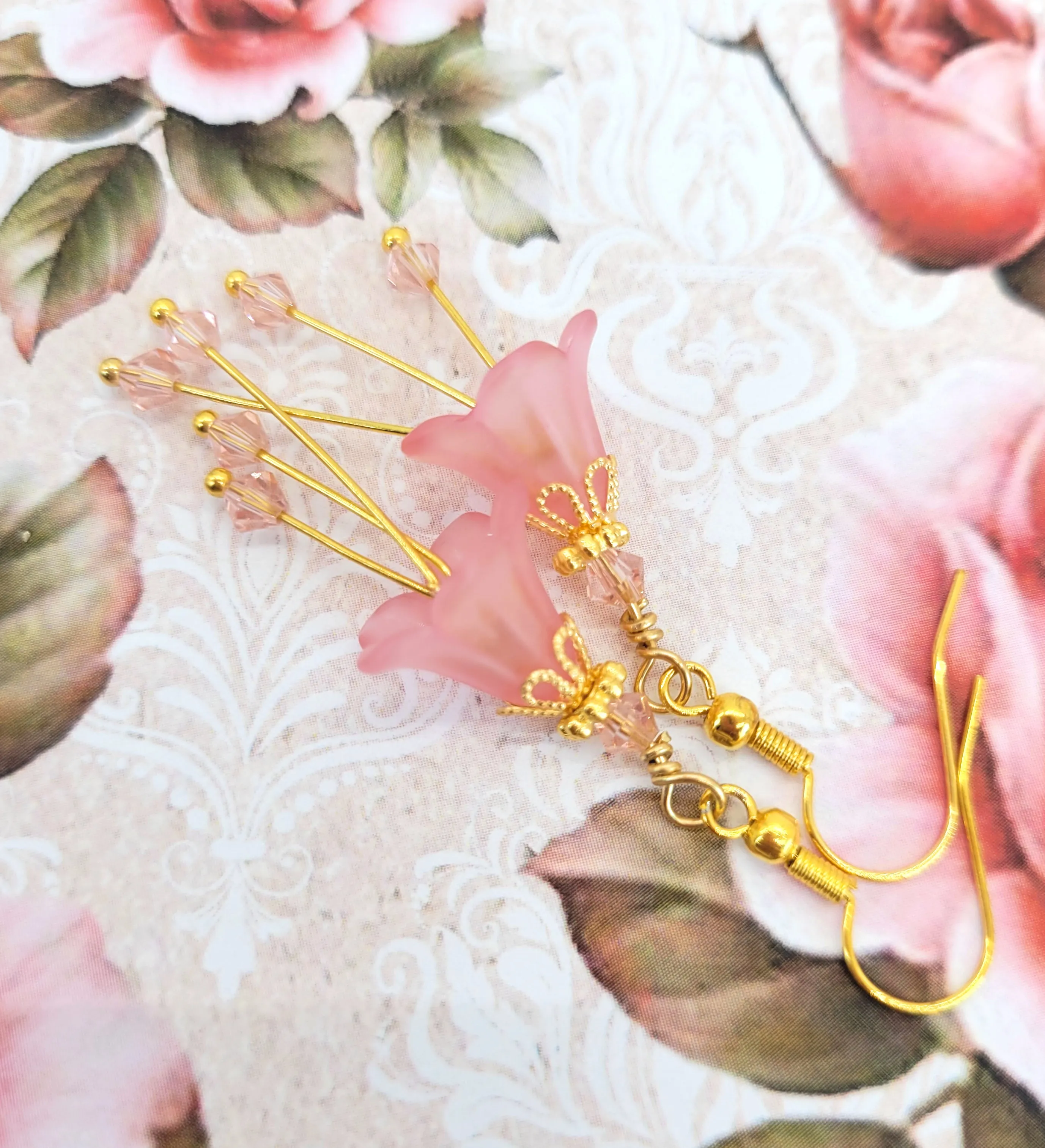 Light Pink and Gold Bell Flower Earrings