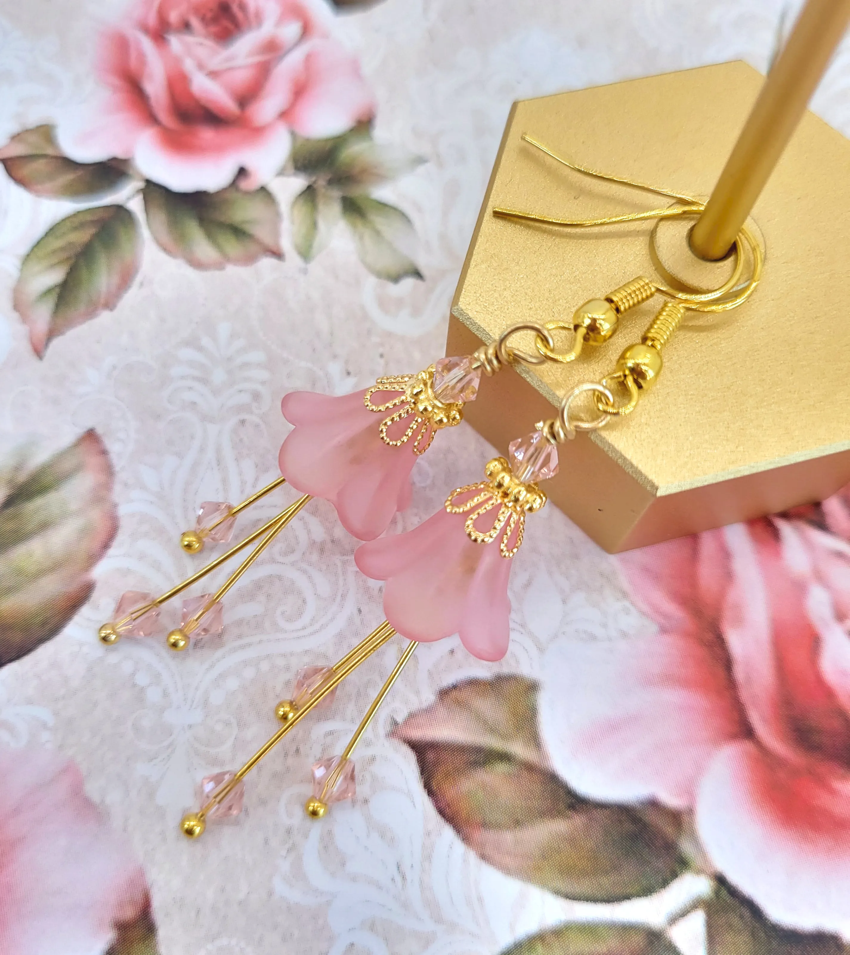 Light Pink and Gold Bell Flower Earrings