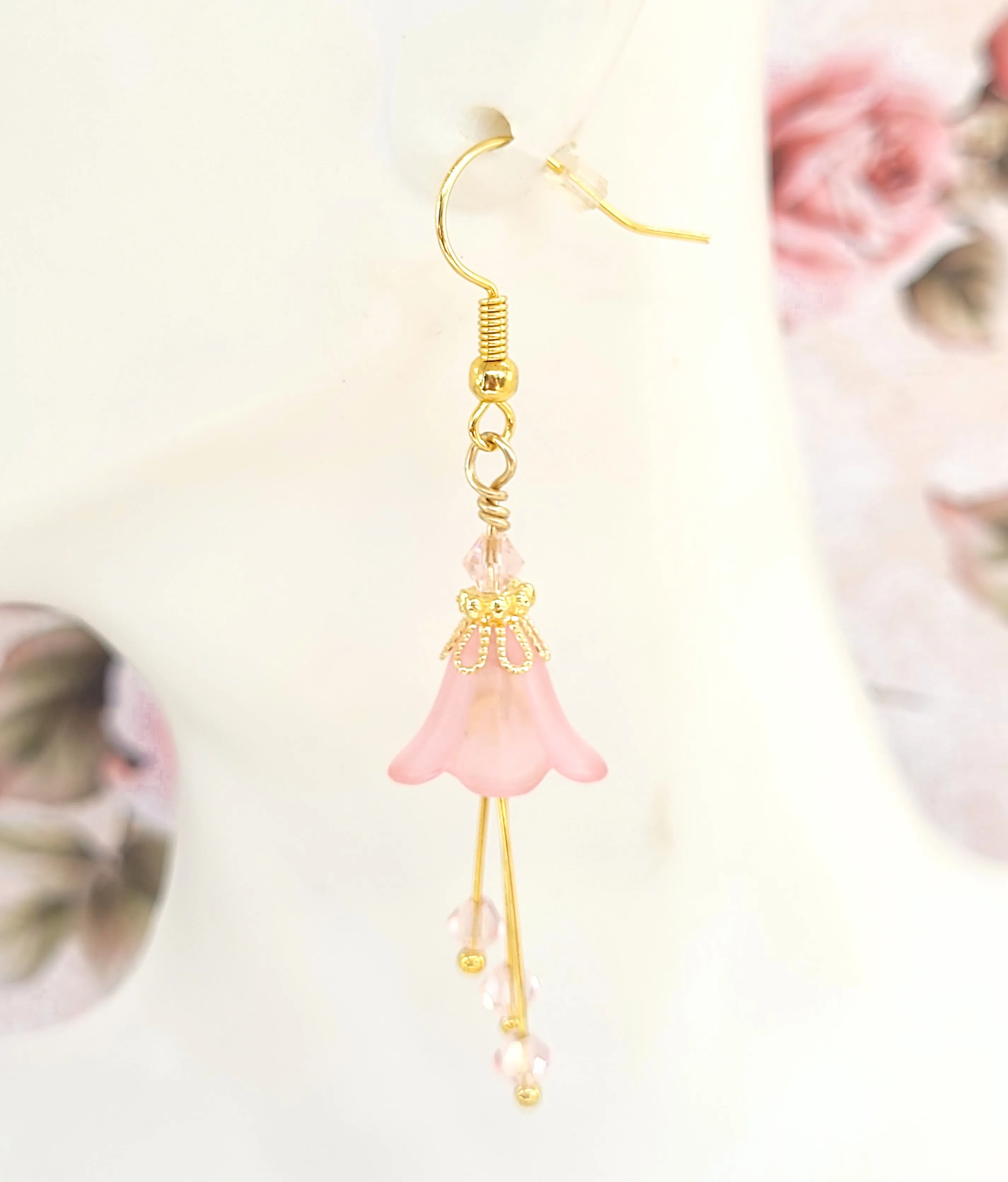 Light Pink and Gold Bell Flower Earrings