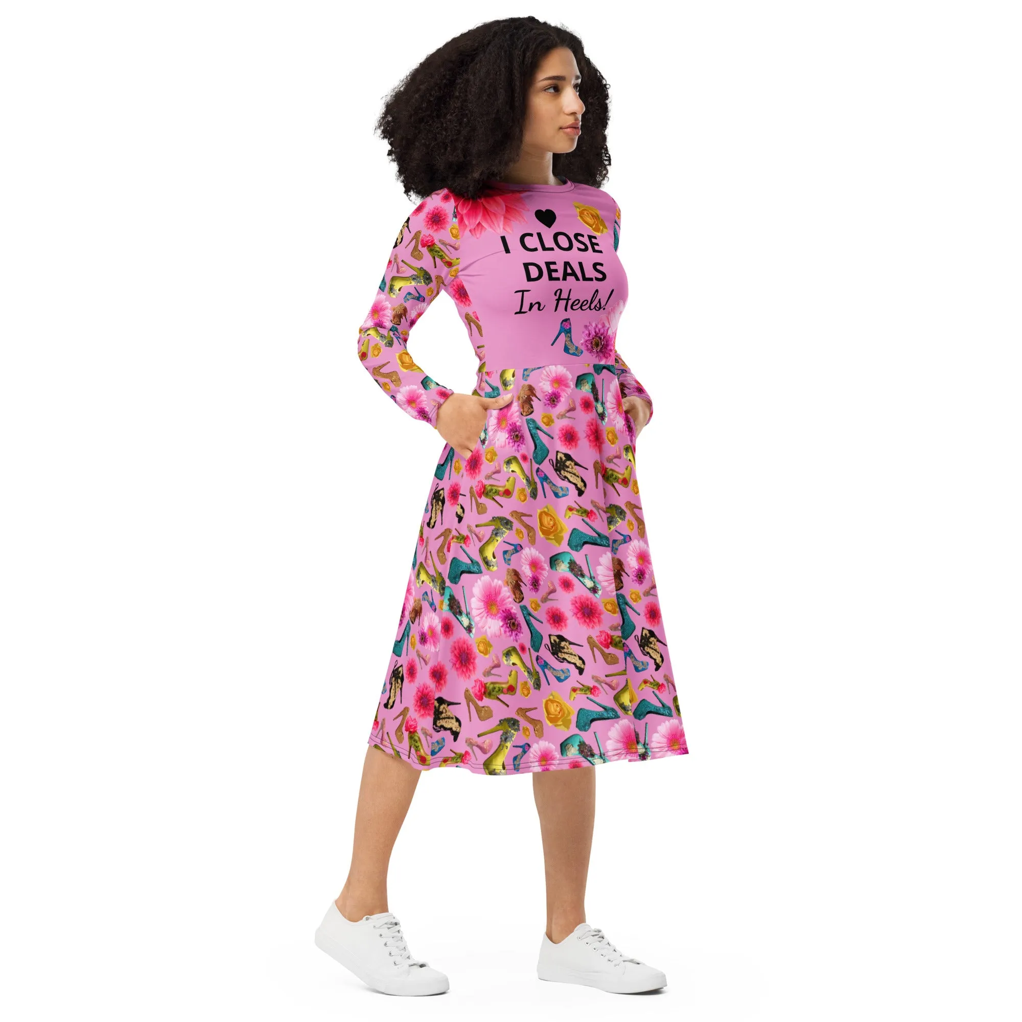 Long sleeve midi dress 'I close deals in heels'