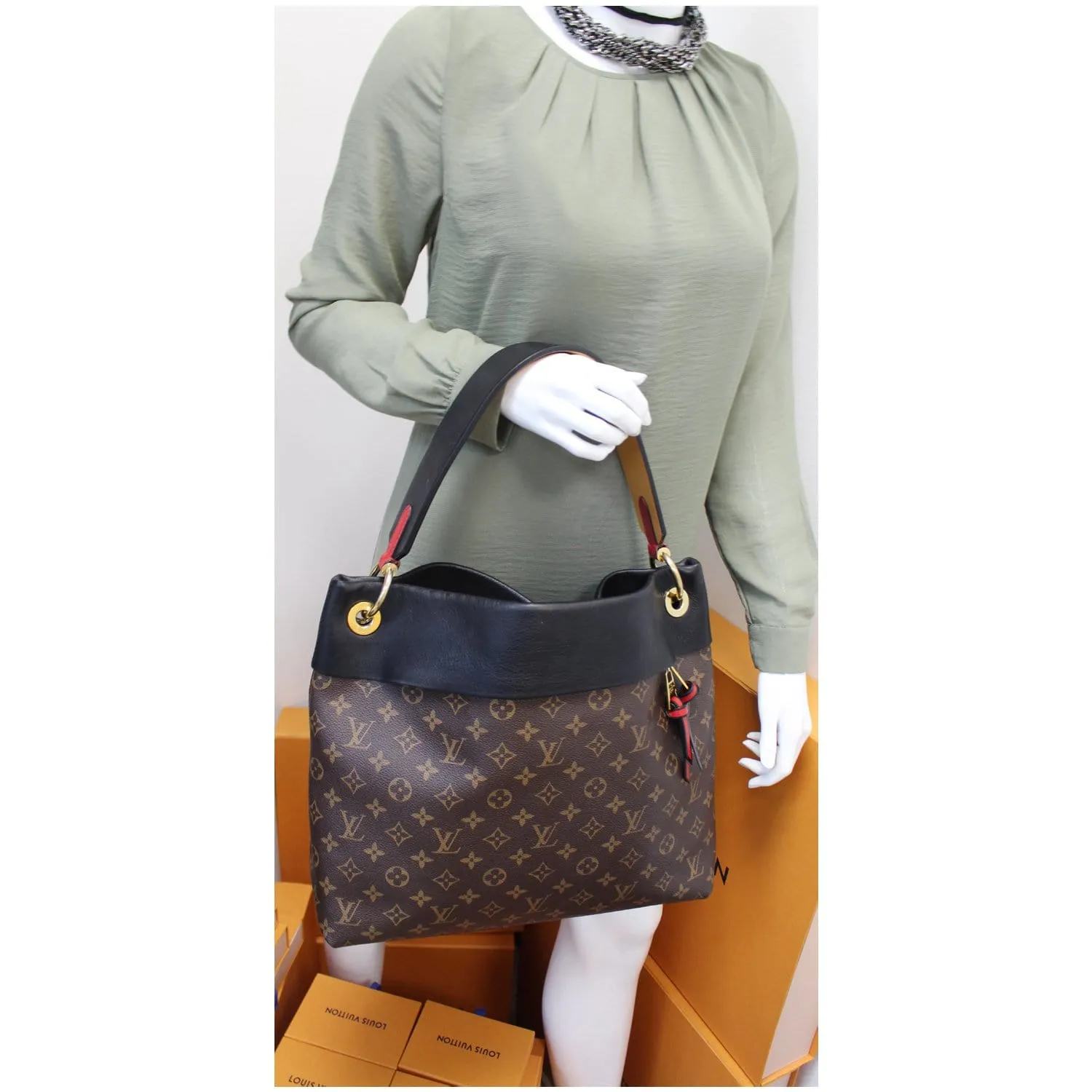 LOUIS VUITTON Tuileries Monogram Canvas Hobo Bag Black