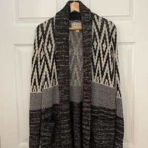 Lucky Brand Womens L Wool Blend Black Gray White Long Cardigan Sweater Warm Boho