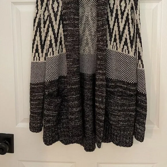 Lucky Brand Womens L Wool Blend Black Gray White Long Cardigan Sweater Warm Boho