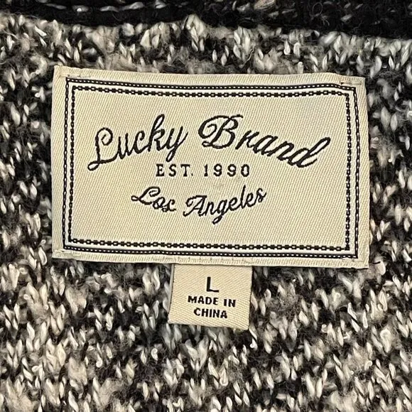 Lucky Brand Womens L Wool Blend Black Gray White Long Cardigan Sweater Warm Boho
