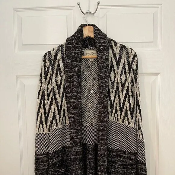 Lucky Brand Womens L Wool Blend Black Gray White Long Cardigan Sweater Warm Boho