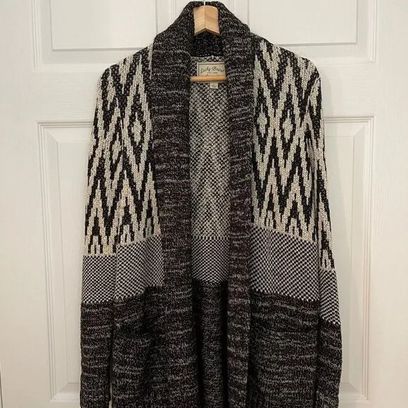 Lucky Brand Womens L Wool Blend Black Gray White Long Cardigan Sweater Warm Boho