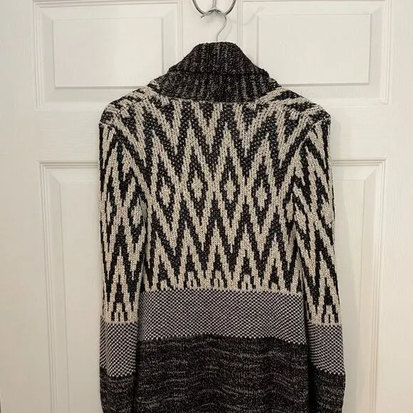 Lucky Brand Womens L Wool Blend Black Gray White Long Cardigan Sweater Warm Boho