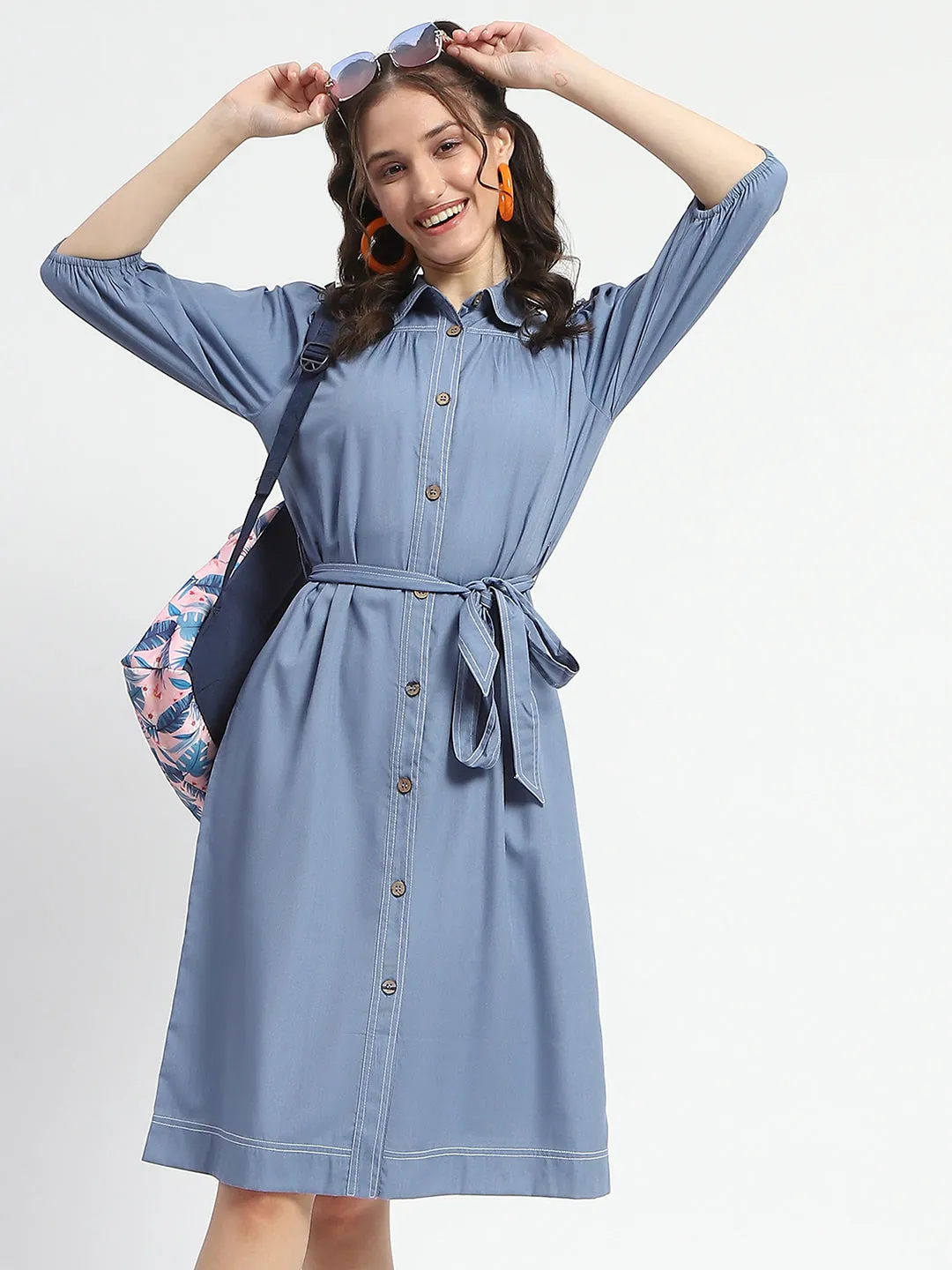 Madame Cotton Blend Belted Waist Blue Midi Shirt Dress