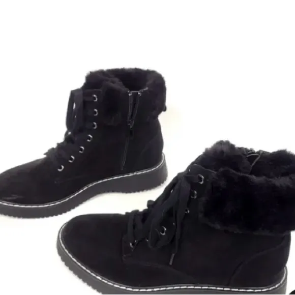 madden girl combat boots black suede faux fur size 3 lace up color black NWT