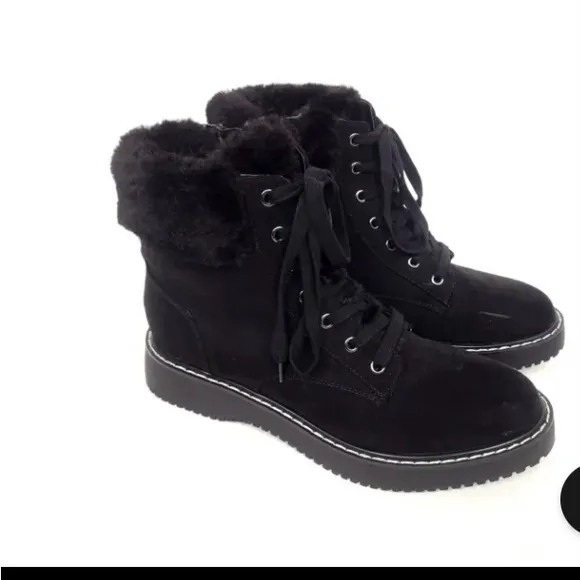 madden girl combat boots black suede faux fur size 3 lace up color black NWT